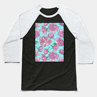 Pink Peonies with Swirls and Diamonds on Cyan Baseball T-Shirt